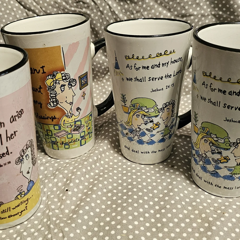 Pink Cartoon Scripture Ceramic Coffee Mug with Black Handle Set Of 4